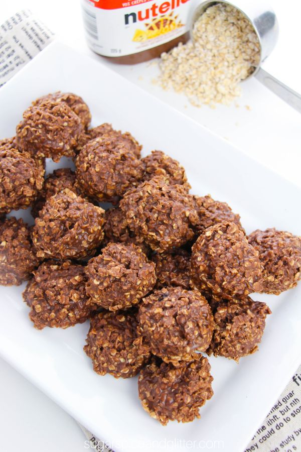 overhead image of nutella no bake cookies on a white platter