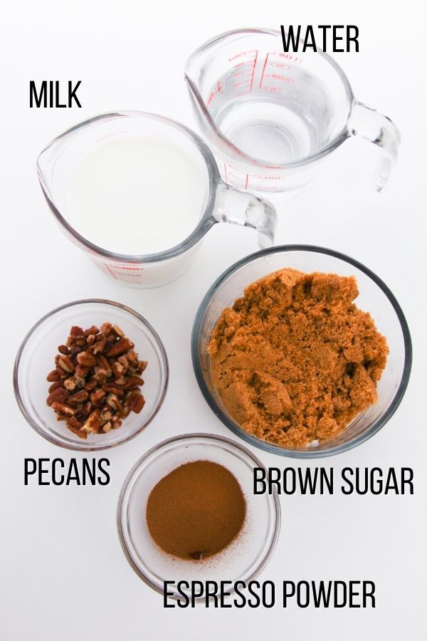 labeled image showing ingredients needed to make butterbeer lattes