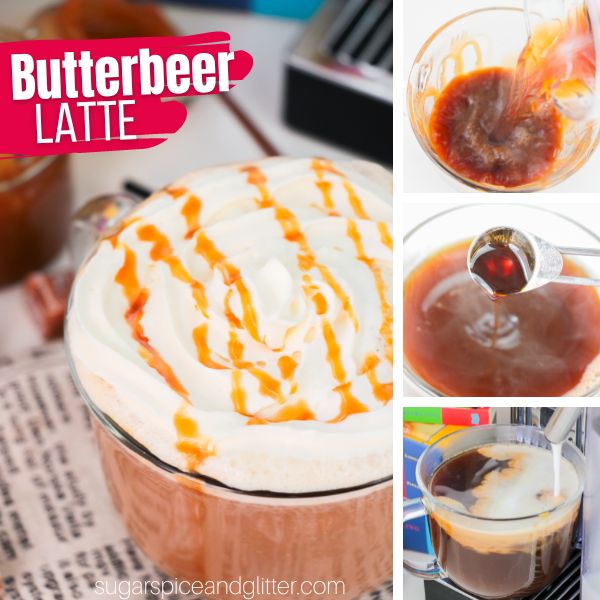 composite image of a butterbeer latte with three in-process images showing how to make it