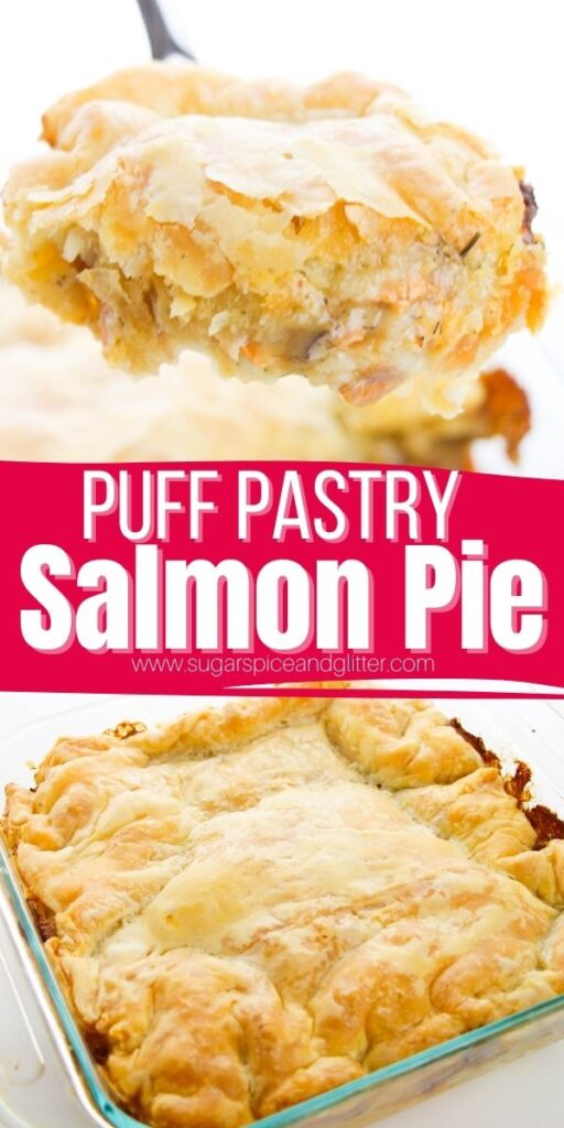 How to make the best ever Salmon Pie featuring a well-seasoned (cheater) bechamel sauce, plenty of tender-crisp sautéed veggies, succulent, perfectly cooked salmon and fluffy, cheesy mashed potatoes topped with a golden, buttery crust.
