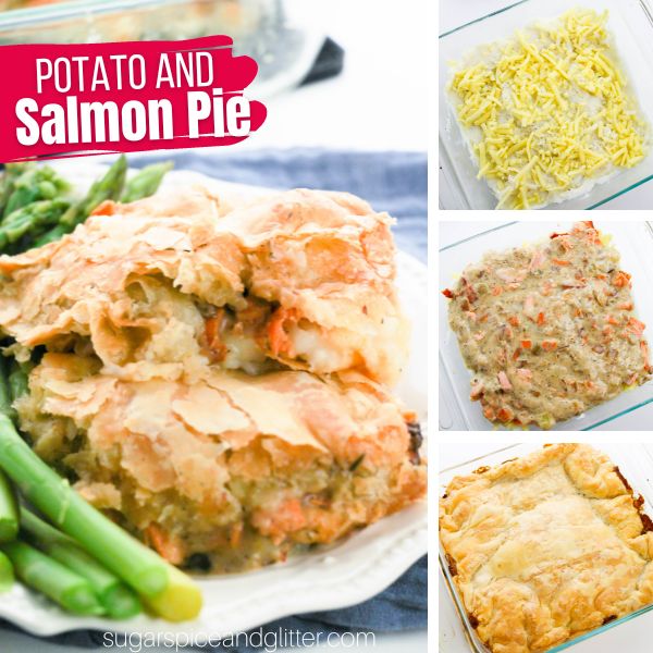 composite image of a salmon pie on a white plate along with three in-process images of how to make salmon pie