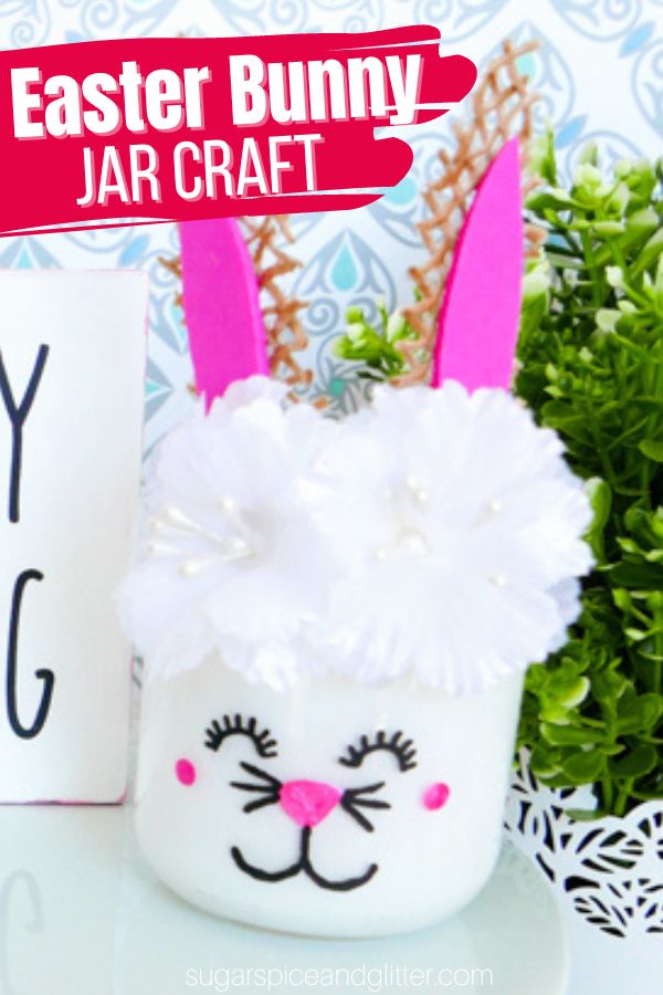 How to make an Easter Bunny Mason Jar craft using everyday craft supplies and an empty glass jar. Use these Mason Jar Bunnies to hold party supplies, Easter treats, straws, electric candles or just add to your decor for a touch of Easter whimsy.