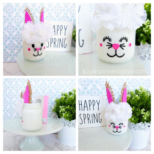 composite image showing different angles of the finished Easter Bunny Mason Jars