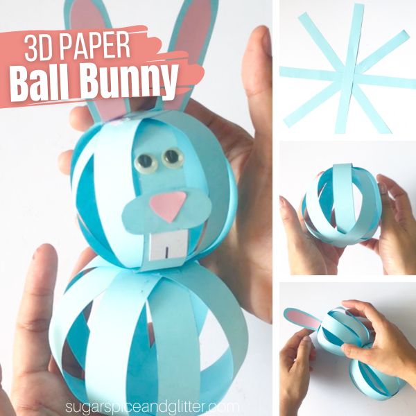 composite image of a blue paper bally bunny craft with googly eyes and a pink nose along with three in-process images of how to make a paper ball bunny