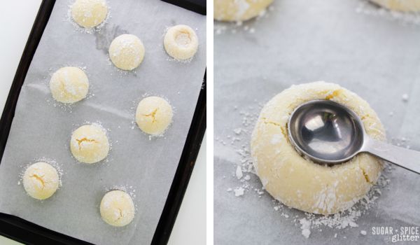 in-process images showing how to make lemon thumbprint cookies
