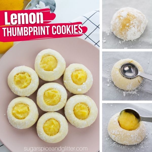 composite image of a pink plate holding lemon thumbprint cookies, along with three images showing how to make the recipe