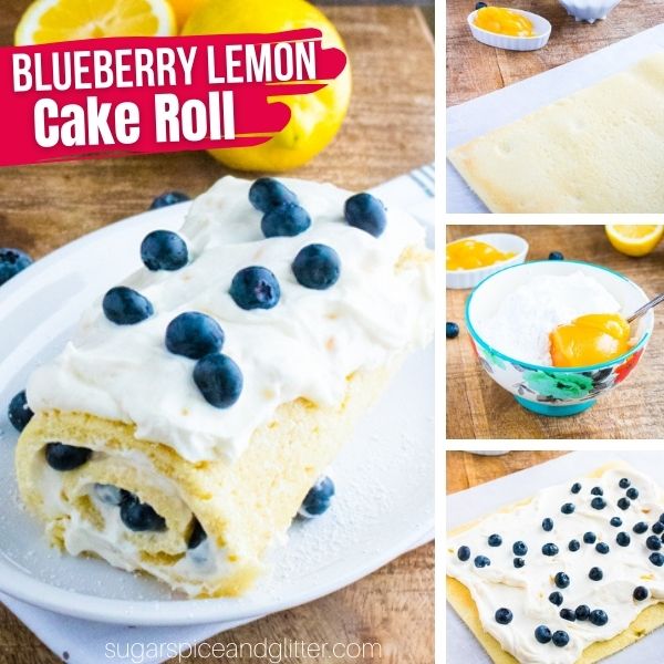 composite image of a whole lemon jelly cake roll on a white platter, along with three images showing how to make the recipe