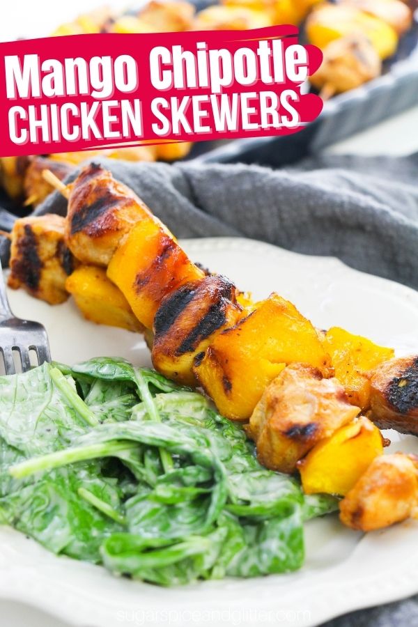 Grilled Mango Chipotle Chicken Skewers are packed with smoky spice and sweet caramelized flavor. The juicy chicken has charred, caramelized edges after grilling over high heat that emphasizes the tangy, sweet, smoky and spicy flavors of the marinade, while the juicy bursts of mango chunks add a natural sweetness that contrasts the spice.