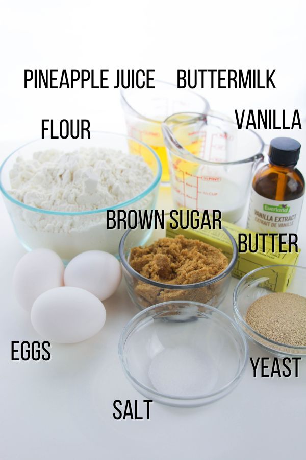 labeled ingredient image showing what is needed to make coconut sweet rolls