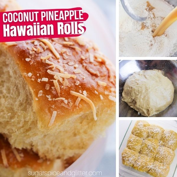 composite image of a coconut Hawaiian roll along with three images showing how to make the recipe