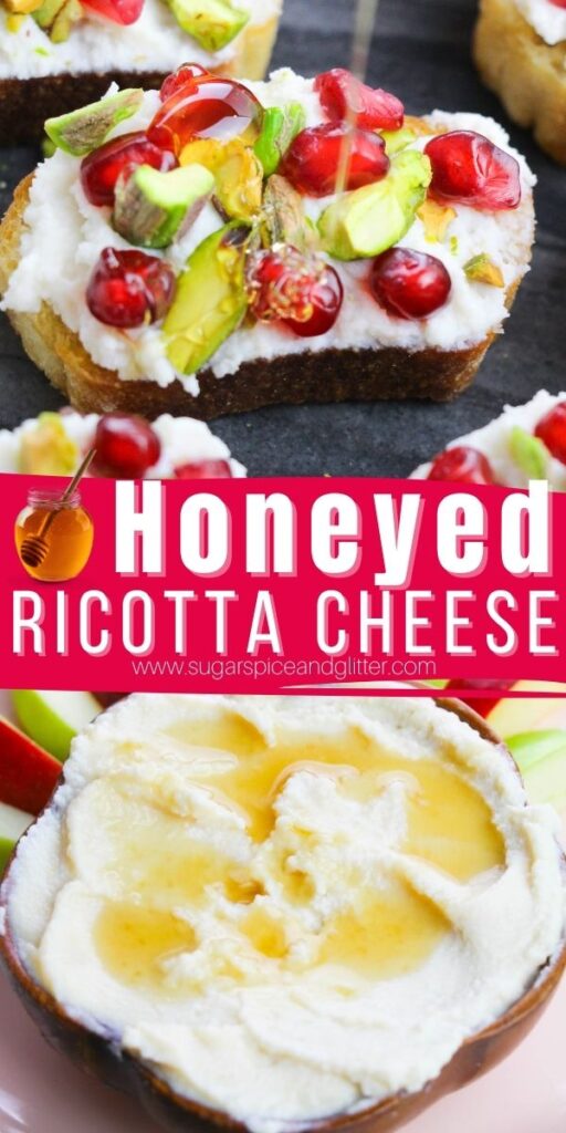 This Honeyed Ricotta recipe features a whipped ricotta cheese dip sweetened with honey, and then enhanced with lemon zest and vanilla. It’s the perfect dip for fruit, but can also be used as a spread on brunch items, or a fun sweet contrast on savory items like pizza!