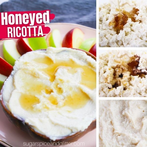 composite image of a bowl of honeyed ricotta along with three in-process images showing how to make it
