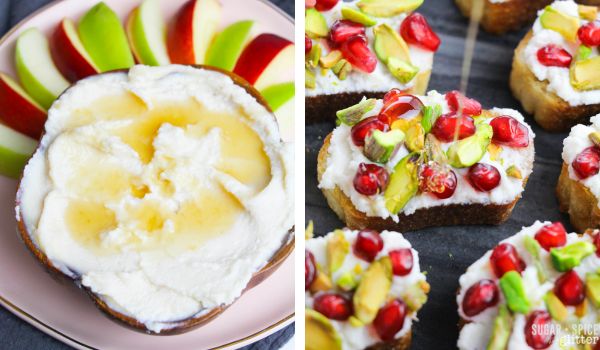 Two of our favorite ways to enjoy honeyed ricotta - as a fruit dip or as a spread on crunchy crostini