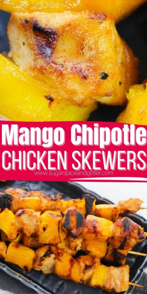 Grilled Mango Chipotle Chicken Skewers are packed with smoky spice and sweet caramelized flavor. Perfect for grilling season or a quick weeknight dinner, this recipe can also be baked in the oven or prepared in the air-fryer if your BBQ gets rained out. No matter how they're prepared, you're guaranteed juicy, succulent chicken with unbelievable flavor complemented by burst juicy mango sweetness.