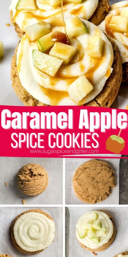 Caramel Apple Cookies are slated to be your new favorite fall dessert! Tender, rich apple spice cookies are topped with a tangy, sweet cream cheese frosting and finished off with juicy-tart bites of real apple and caramel sauce. It's a decadent cookie with all of your favorite fall flavors.