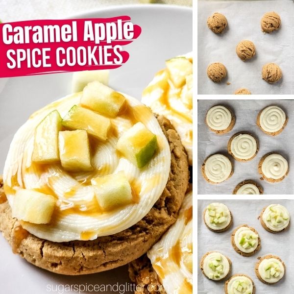 composite image of caramel apple cookies, brown cookies with cream cheese frosting swirled on and Granny Smith apple pieces sprinkled onto the frosting, along with three in-process images of how to make the cookies