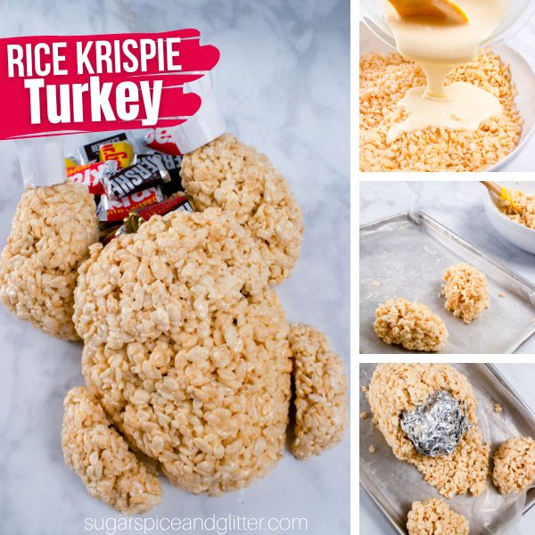 composite image of a rice krispie turkey plus three in-process images of how to make it