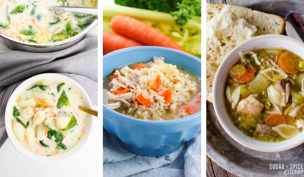 composite image of three homemade chicken soups