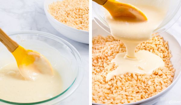 in-process images of how to make a rice krispie turkey