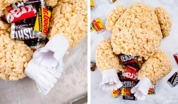 close-up images of a rice krispie turkey stuffed with chocolate bars