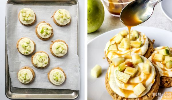 in-process images of how to make caramel apple cookies