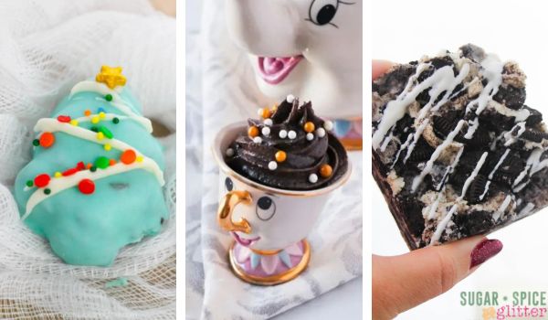 composite image of OREO-based recipes: Christmas Tree truffles, Beauty and the Beast gray stuff and Cookies and Cream Marshmallow Bars