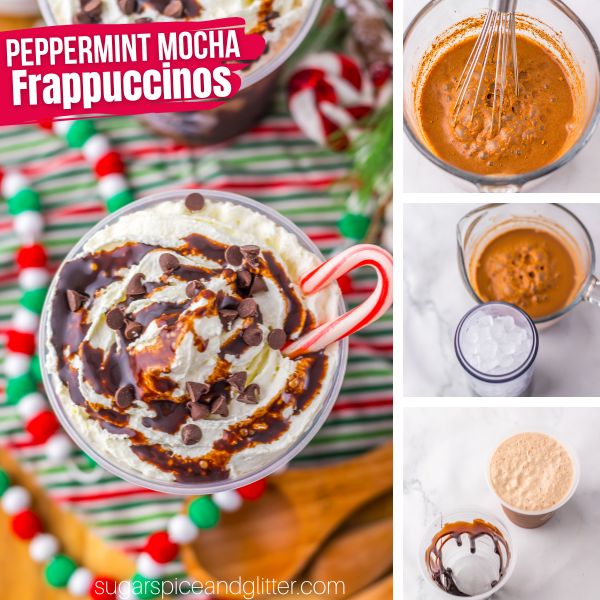 composite image of a peppermint mocha frappuccino plus three images showing how to make it
