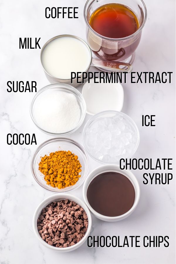labeled ingredient image for ingredients needed to make a peppermint mocha frappuccino