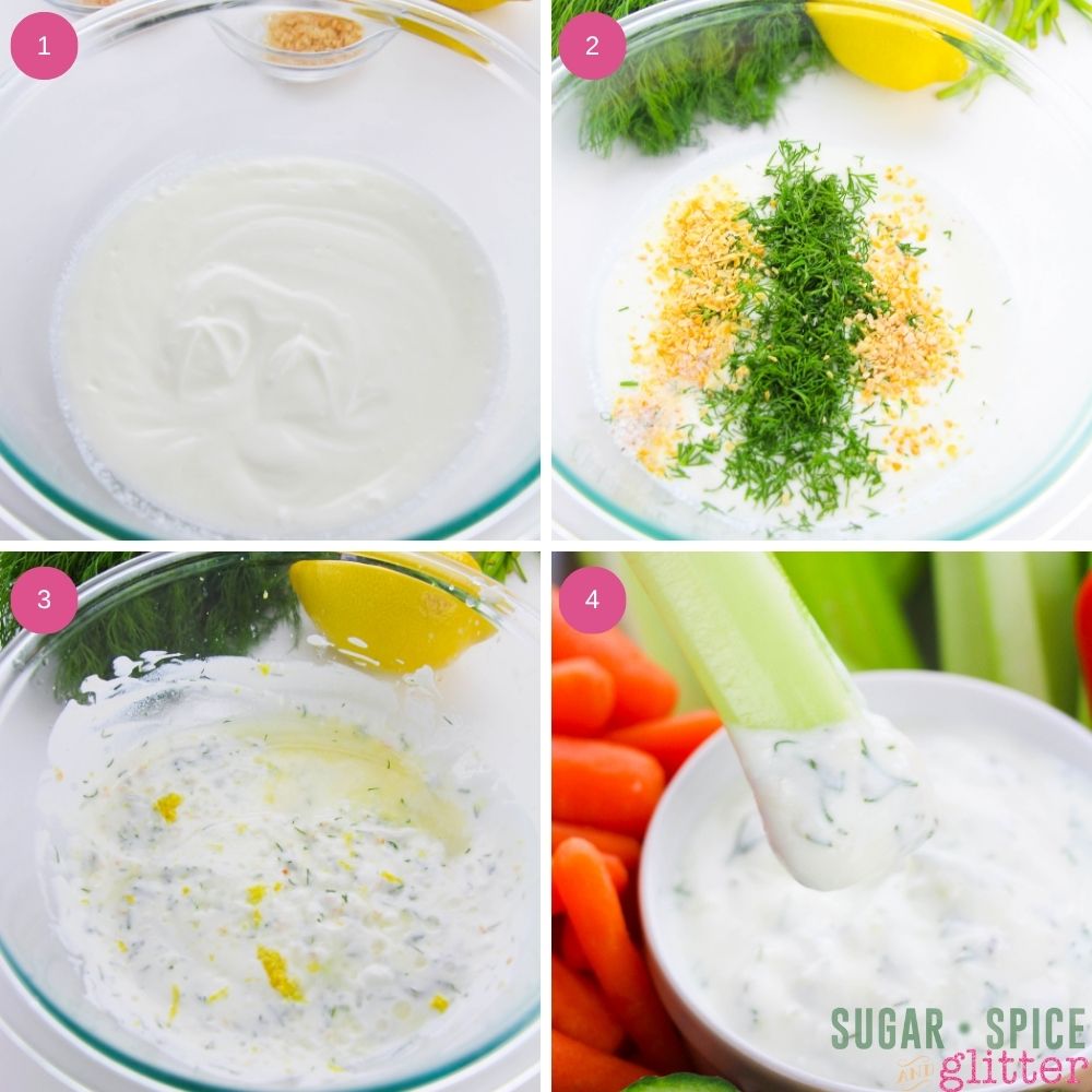 in-process images showing how to make dill veggie dip