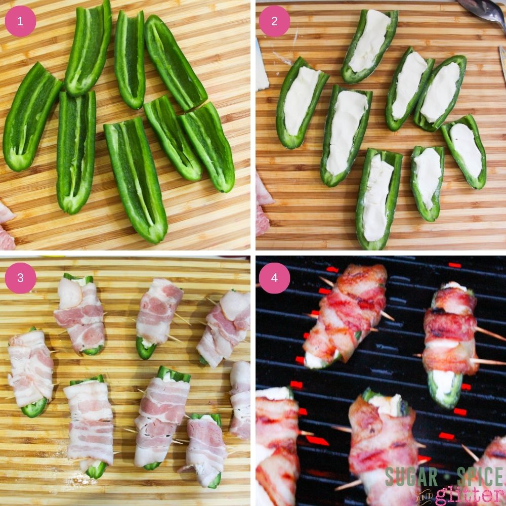 in-process images showing how to make bacon-wrapped jalapeno poppers