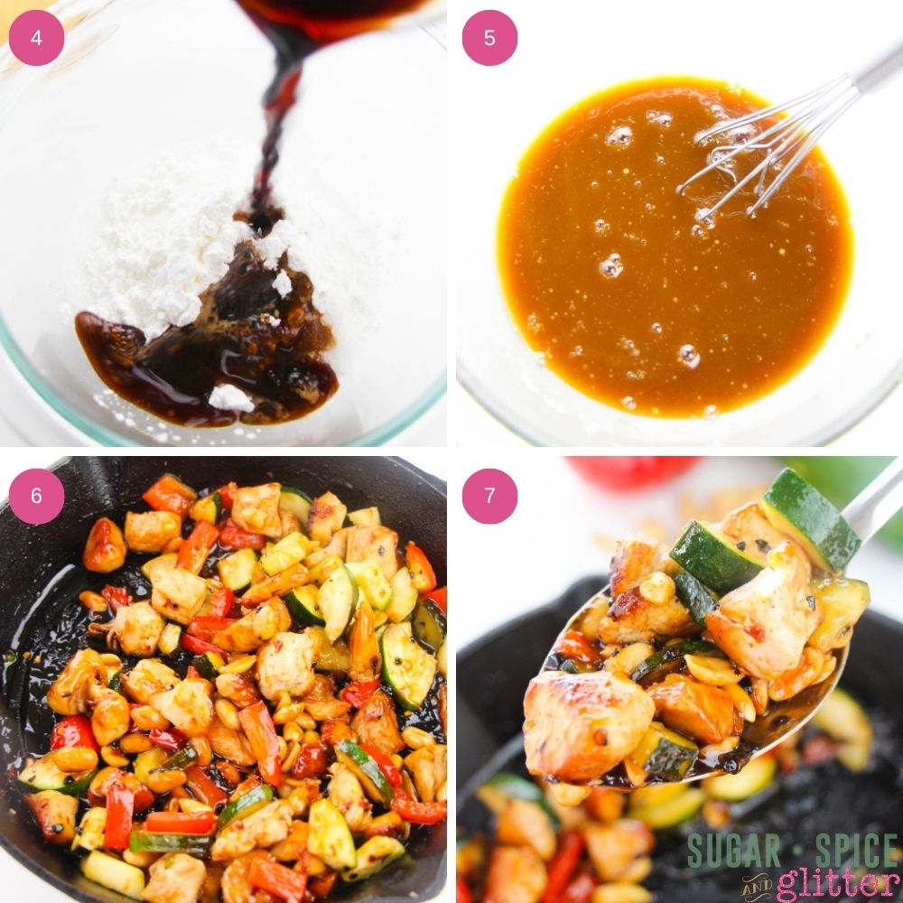in-process images showing how to make Kung Pao chicken