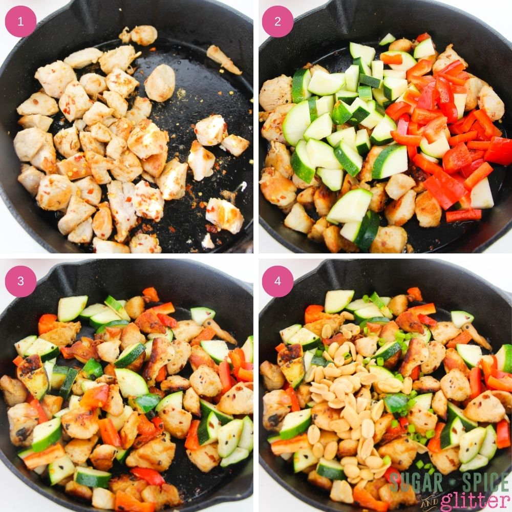 in-process images showing how to make Kung Pao chicken