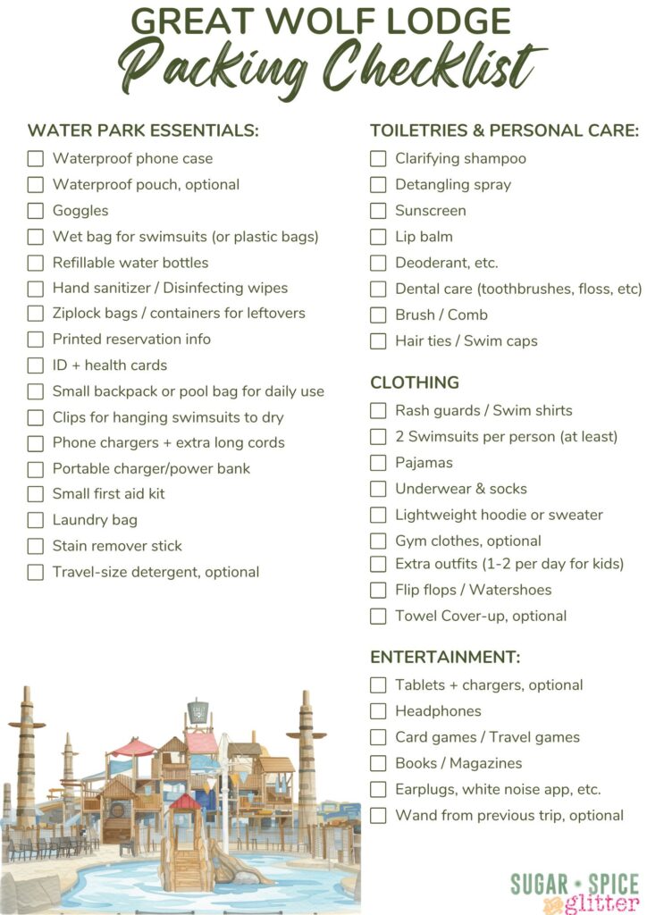 Great Wolf Lodge packing list printable