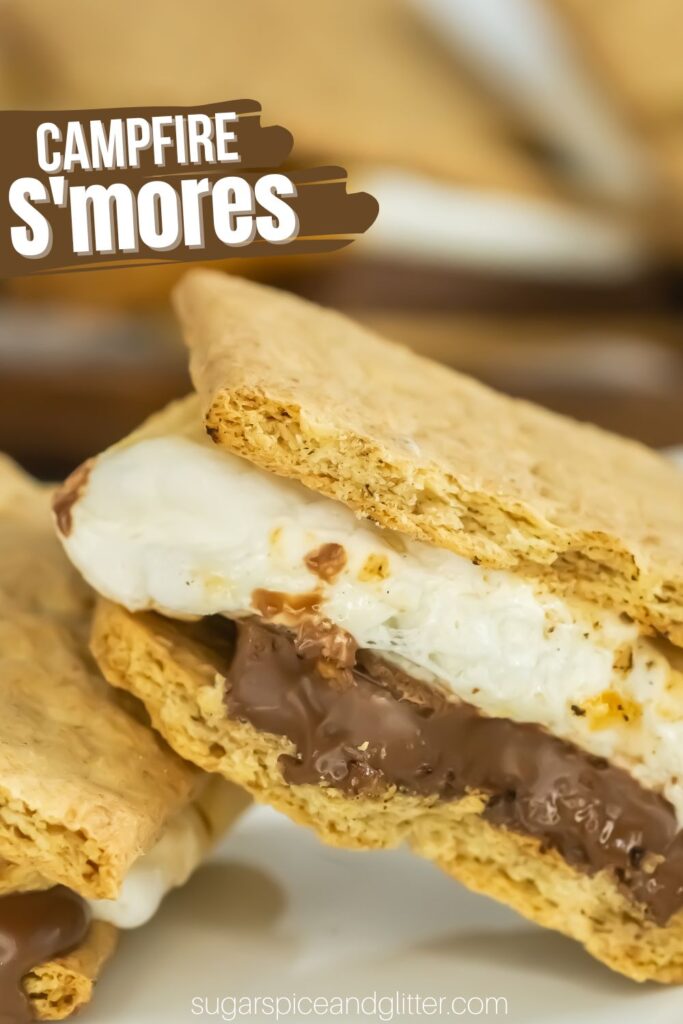 A classic s'mores recipe that can be made over a bonfire or baked in the oven, this childhood summer recipe is super simple and straight-forward, but we provide several tips and variations to make your bonfire the best ever!