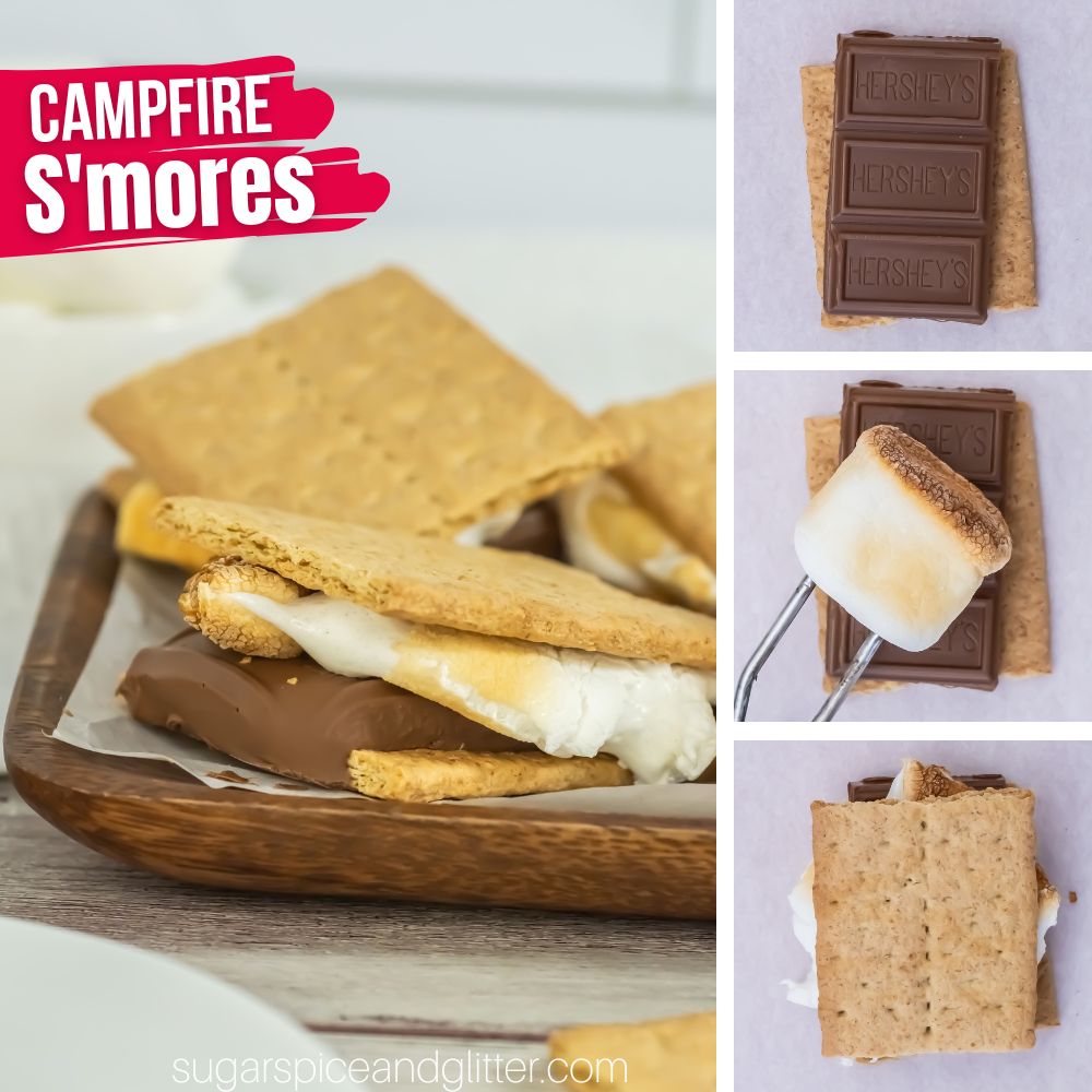 composite image of a close-up of a toasted s'more on a wooden platter along with three images showing how to make it