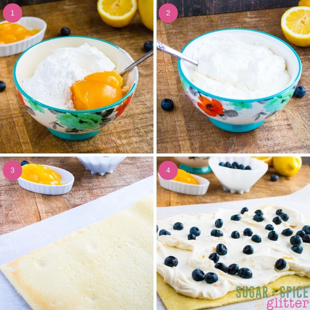 composite image of images showing how to make a lemon jelly roll cake