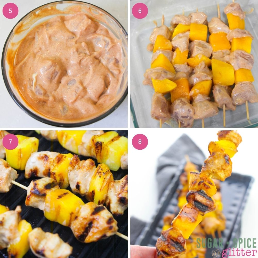 composite image showing in-process images of how to make grilled chipotle chicken skewers