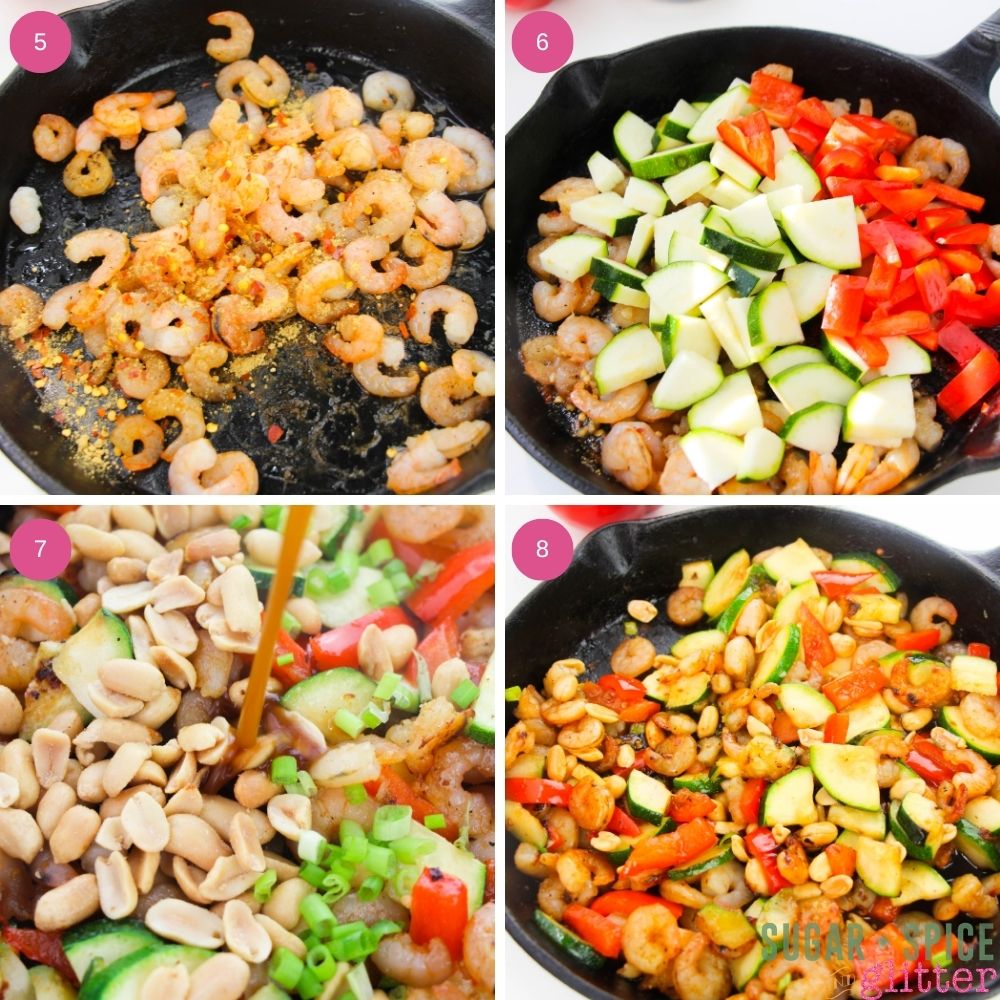 in-process images showing how to make Kung Pao Shrimp in a cast-iron skillet