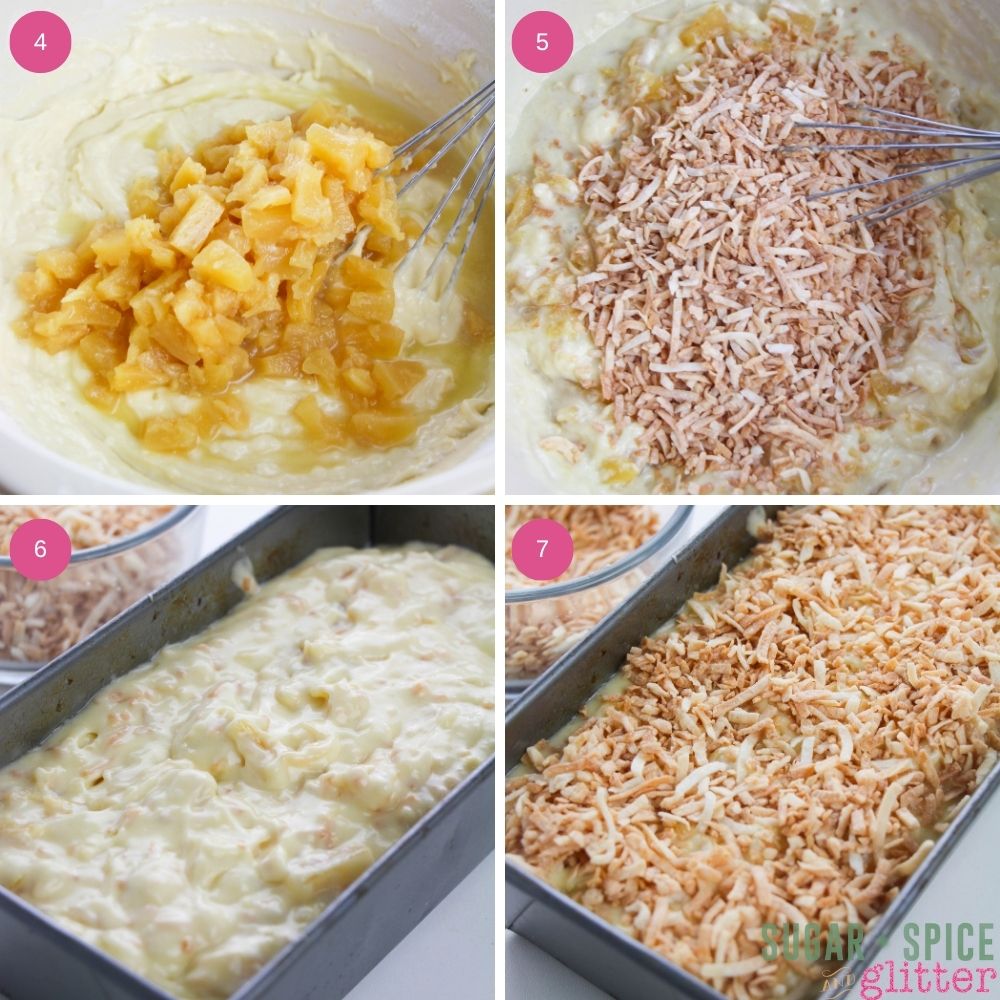 in-process images showing how to make pineapple coconut bread