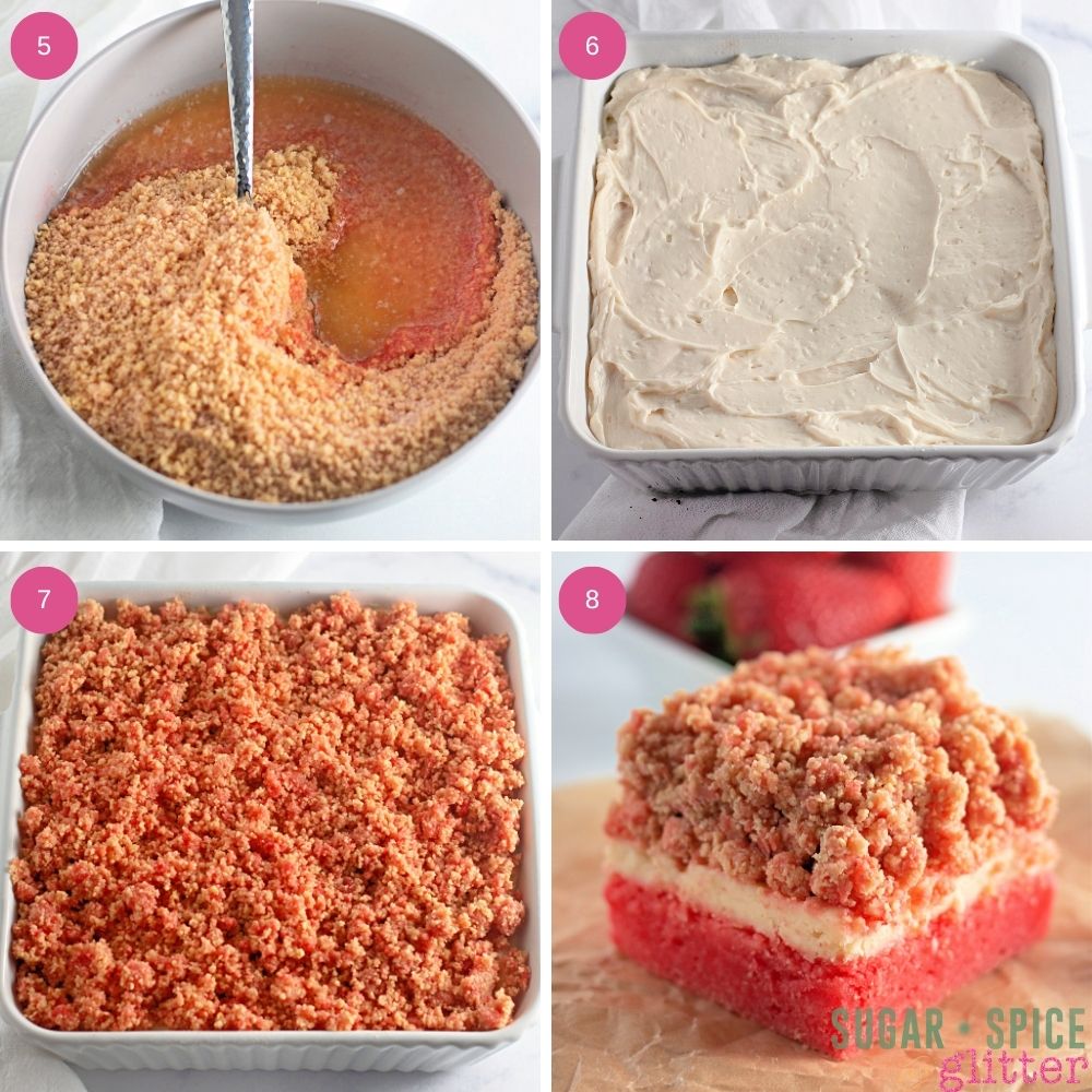 composite image of in-process images showing how to make strawberry crunch cake bars