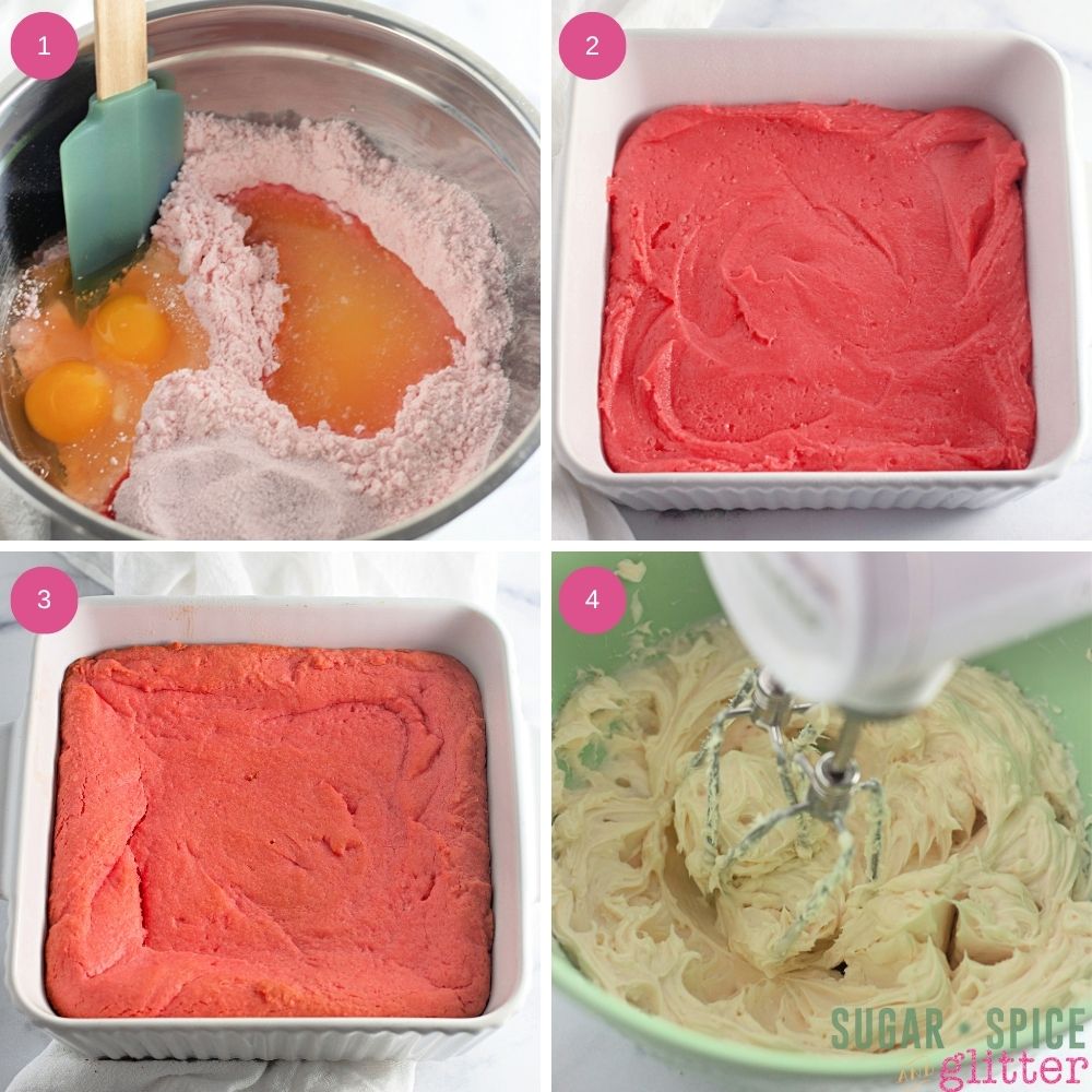 composite image of in-process images showing how to make strawberry crunch cake bars