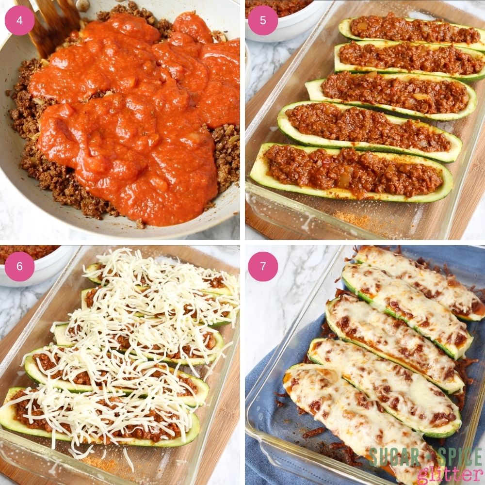 in-process images of how to make Taco-Stuffed Zucchini Boats