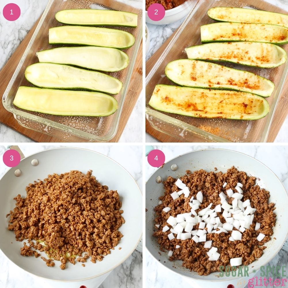 in-process images of how to make Taco-Stuffed Zucchini Boats