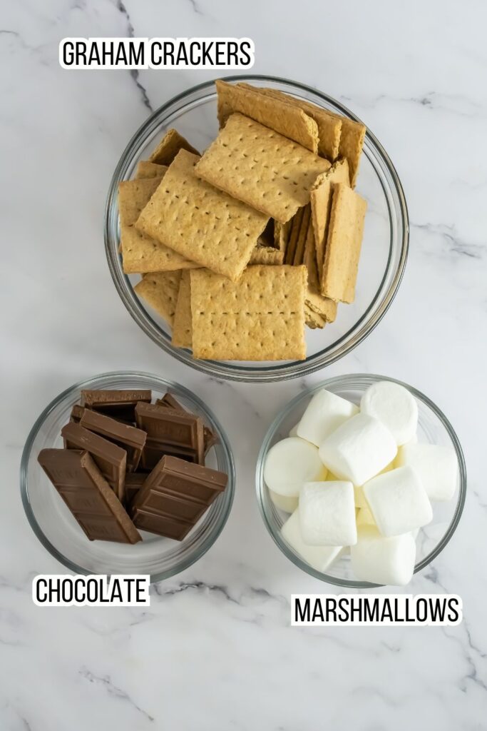 labeled ingredient image of what is needed to make s'mores