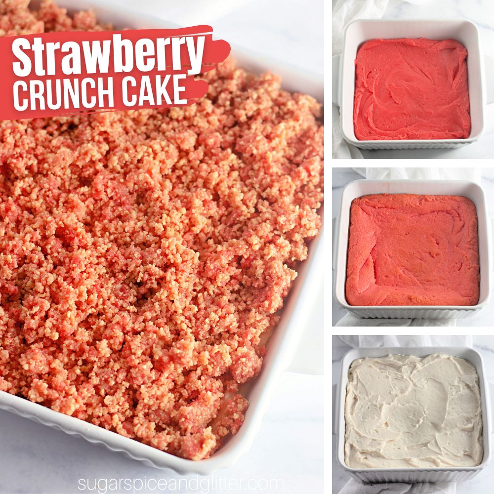 composite image of how to make strawberry crunch cake bars