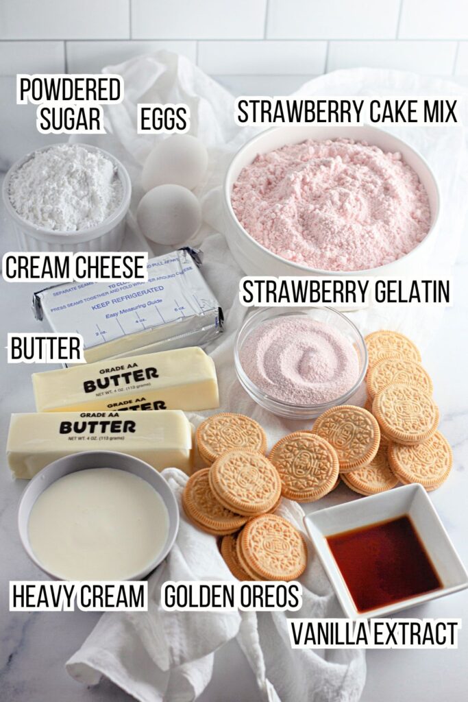 labeled ingredient image of what is needed to make strawberry crunch cake bars