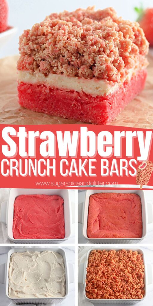 A delicious twist on a Strawberry Shortcake Bar, today's Strawberry Crunch Cake Bars are a layered strawberry cake bar with a vanilla cream cheese frosting and crunchy cookie-strawberry crumble topping that evokes the nostalgic flavors of the classic ice cream bar in a fun, sliceable format that won't melt in the summer heat.